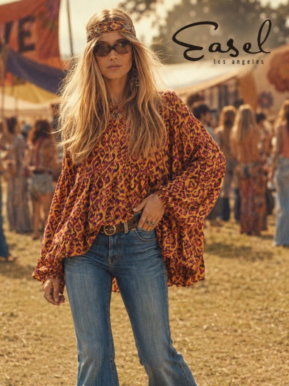 Easel Bohemian Hippie Extreme Baggy Balloon Sleeve Ruffle Hem Bold Print Babydol